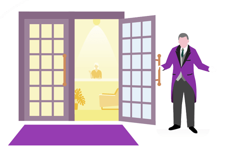 Illustration of a greeter opening a door.