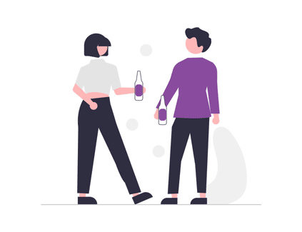 Illustration of people talking and holding drinks.