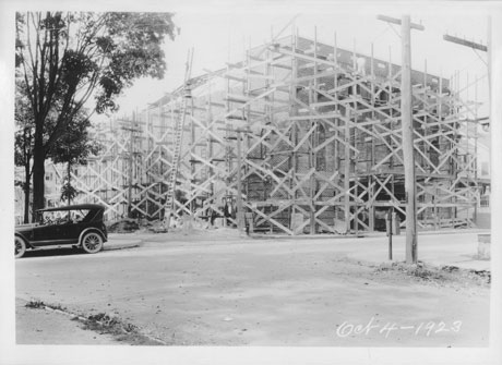 Historic photo showing nearly finished construction of The Newton Theatre.